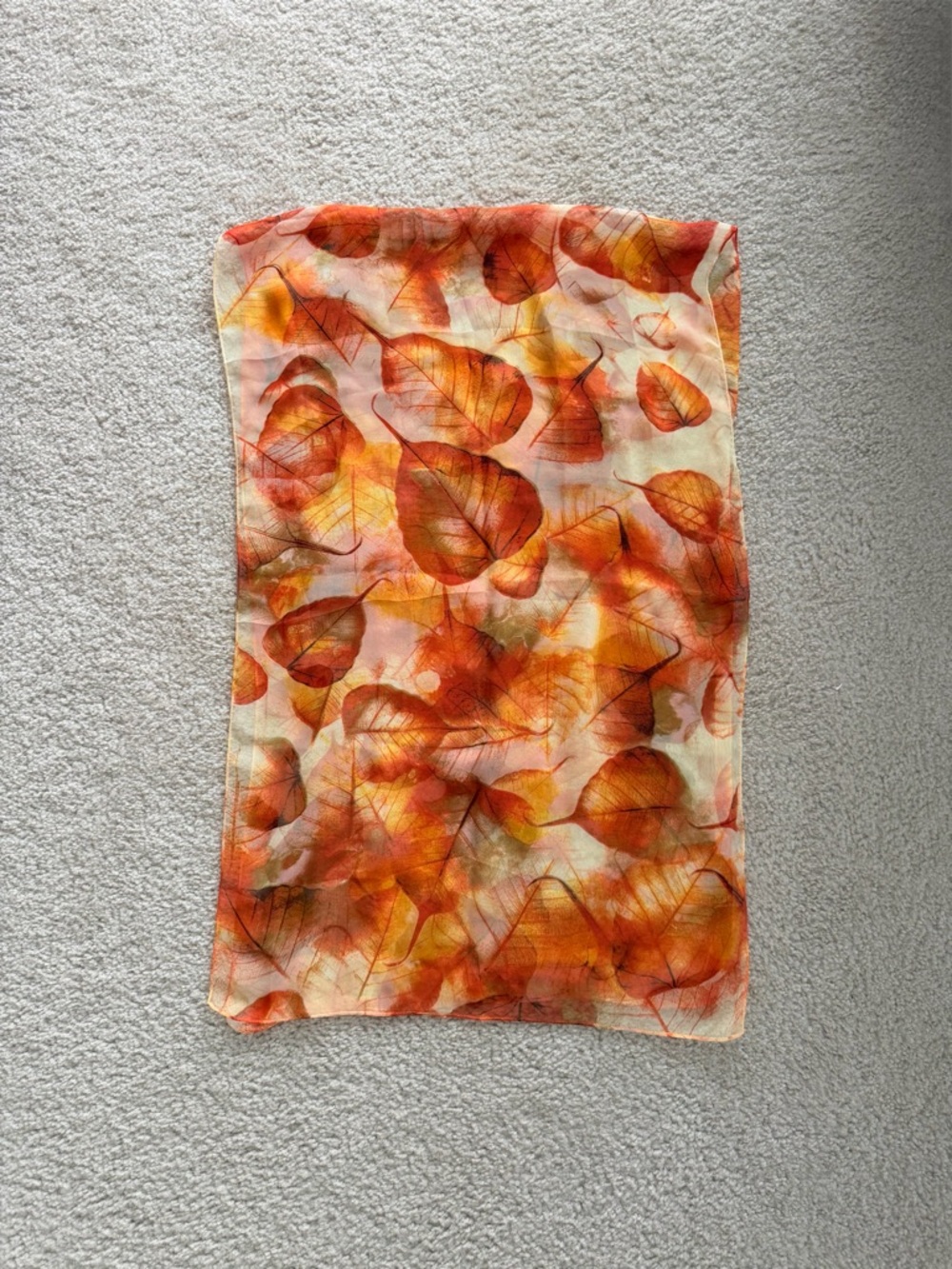 Autumn Leaf Print Sheer Scarf in Orange and Cream